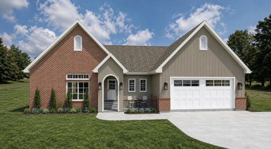 Contemporary exterior featuring brick and board-and-batten siding with an arched portico entry