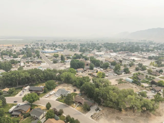 Aerial perspective showcasing a residential area with varied housing styles, mature trees, and paved streets