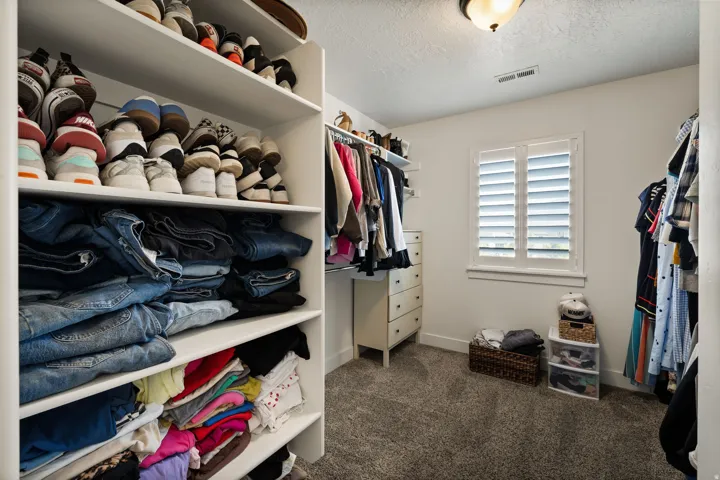 Walk-in closet featuring built-in shelving, hanging rods, an integrated dresser, a window with white louvered shutters, and carpet flooring