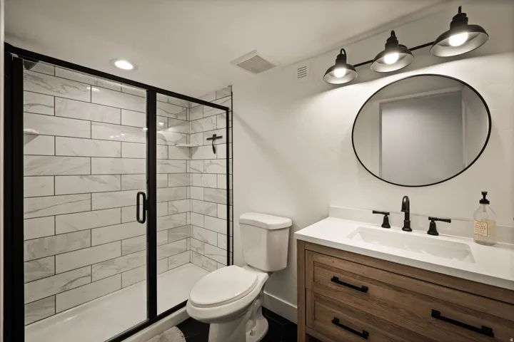 Bathroom featuring a walk-in shower with black-framed glass enclosure, white subway tile surround, and built-in shelving