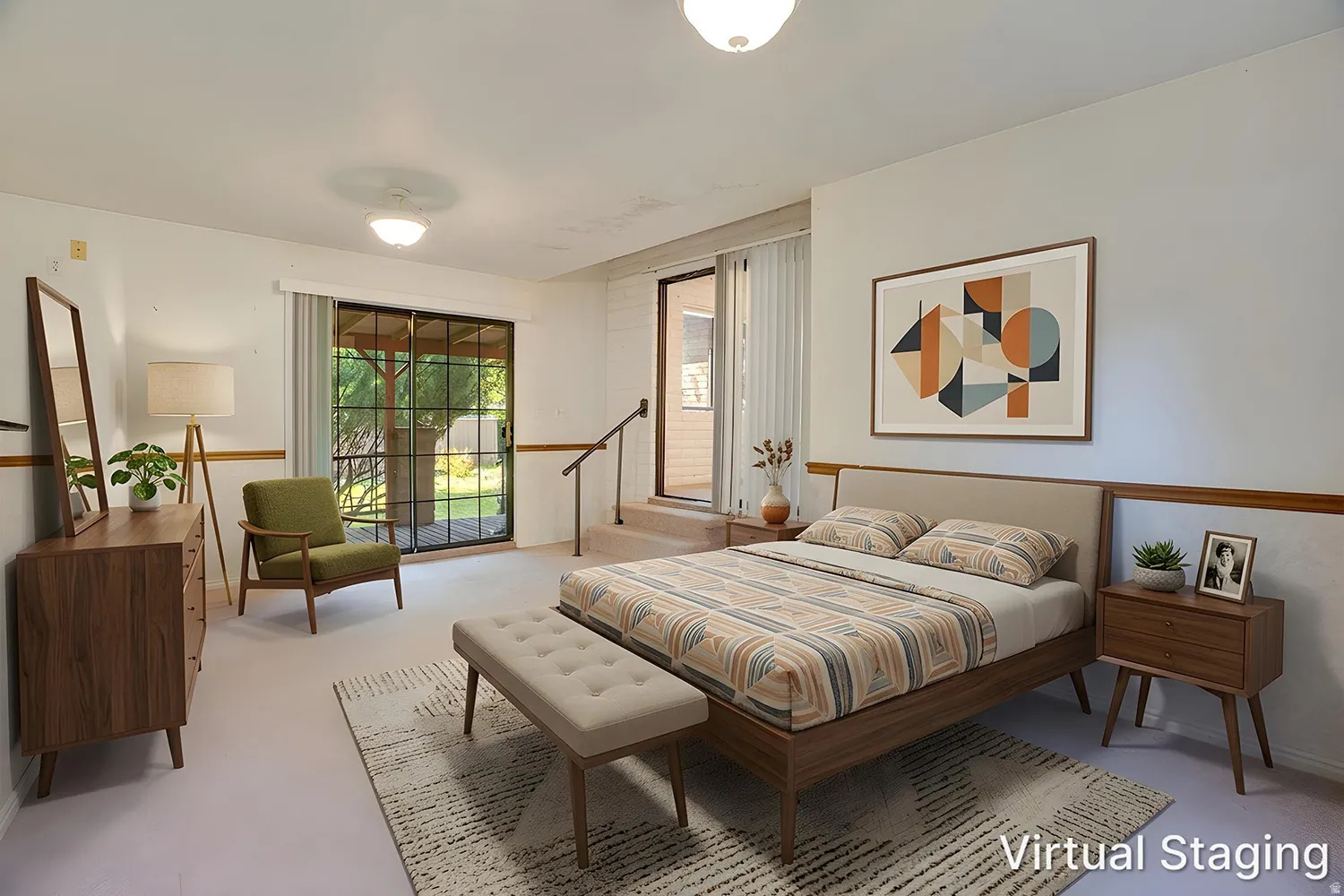 Light-toned carpeting complementing white walls with a wood-finish trim accent