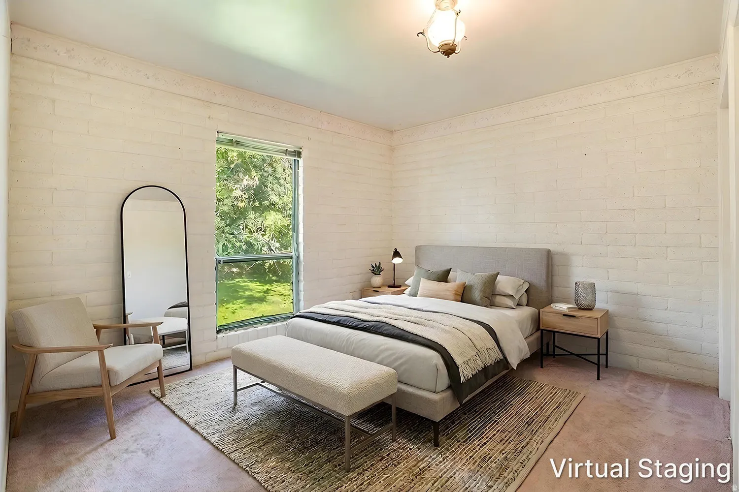 Spacious room featuring painted brick walls, a large window, and a built-in ceiling light fixture