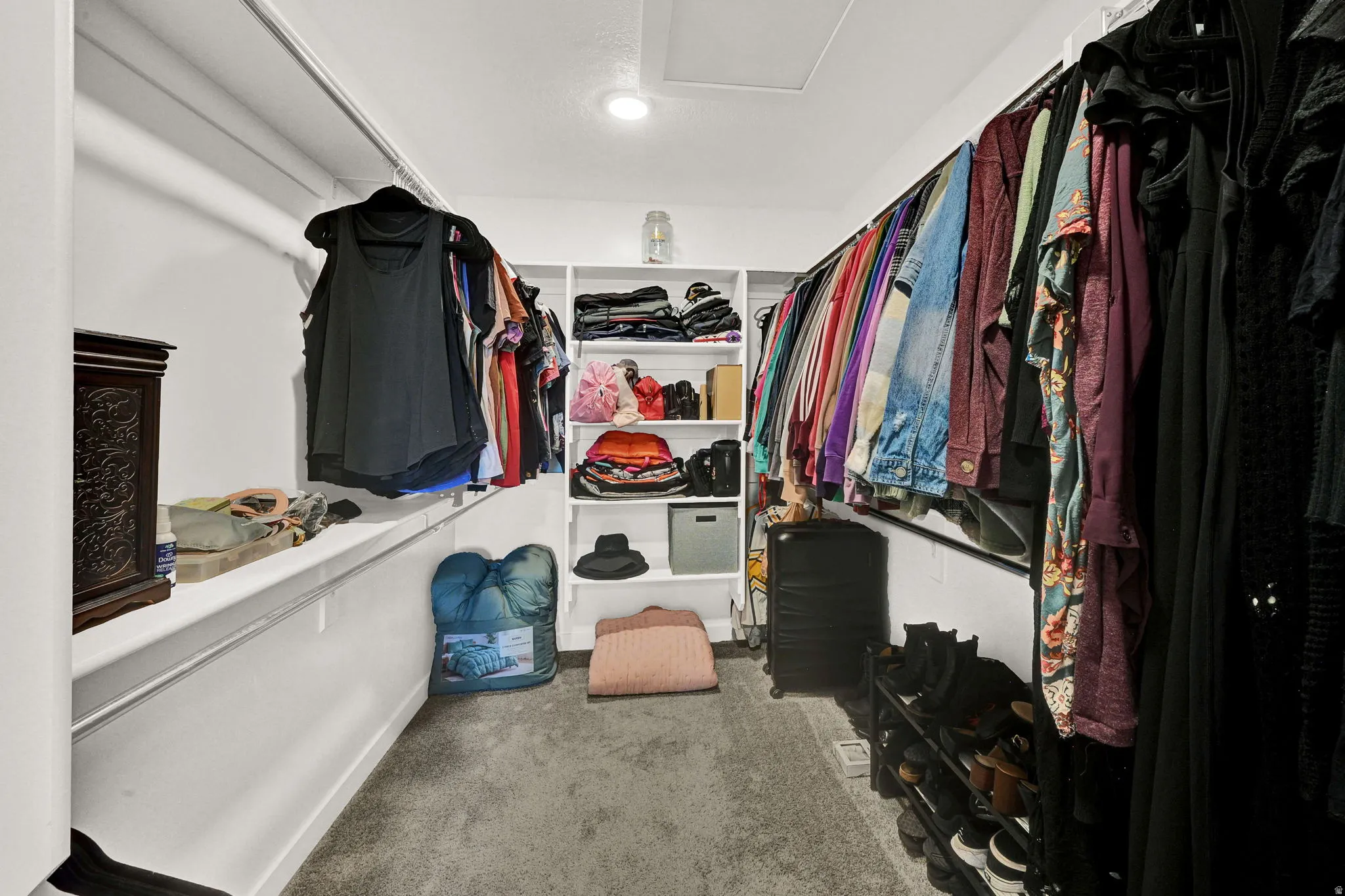 Walk-in closet featuring built-in shelving, hanging rods, recessed lighting, and carpet flooring