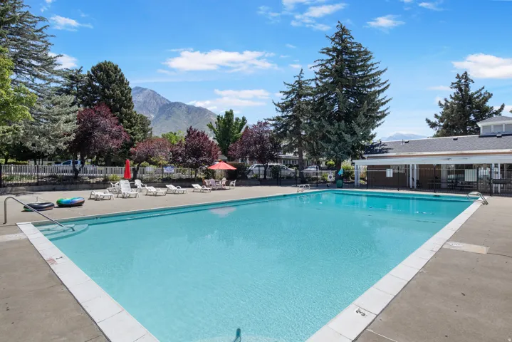 Outdoor swimming pool with concrete decking, surrounding mature trees, and mountain backdrop