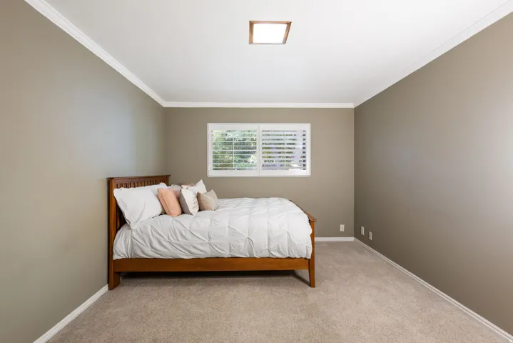 Carpeted room with a window featuring white plantation shutters, crown molding, and a flush-mount ceiling light fixture