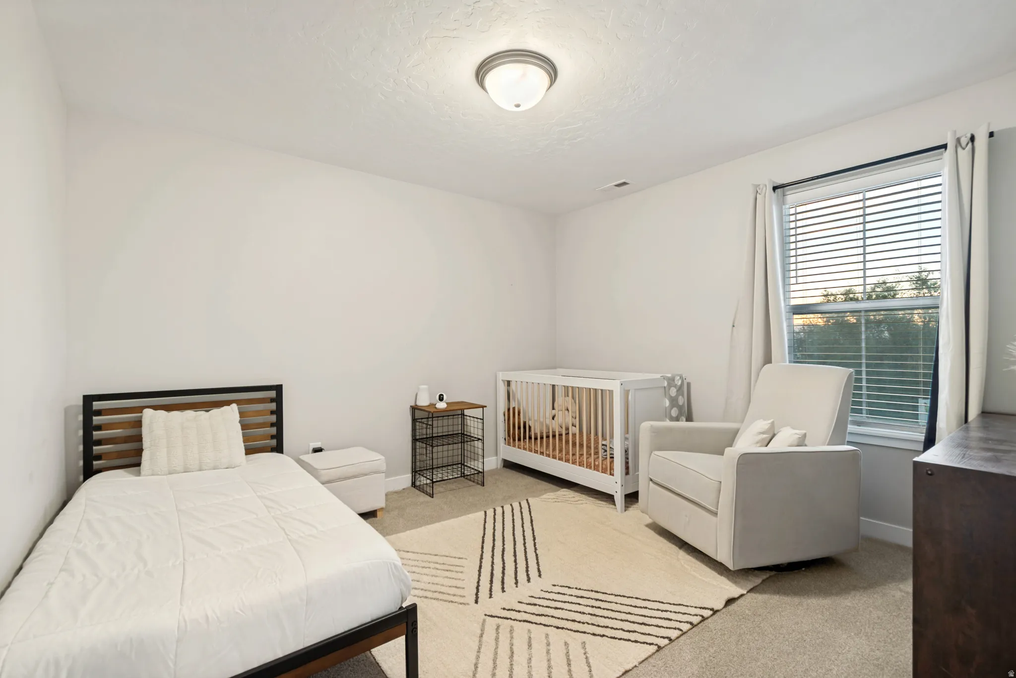 Neutral tone wall paint in a carpeted room featuring a ceiling-mounted light fixture