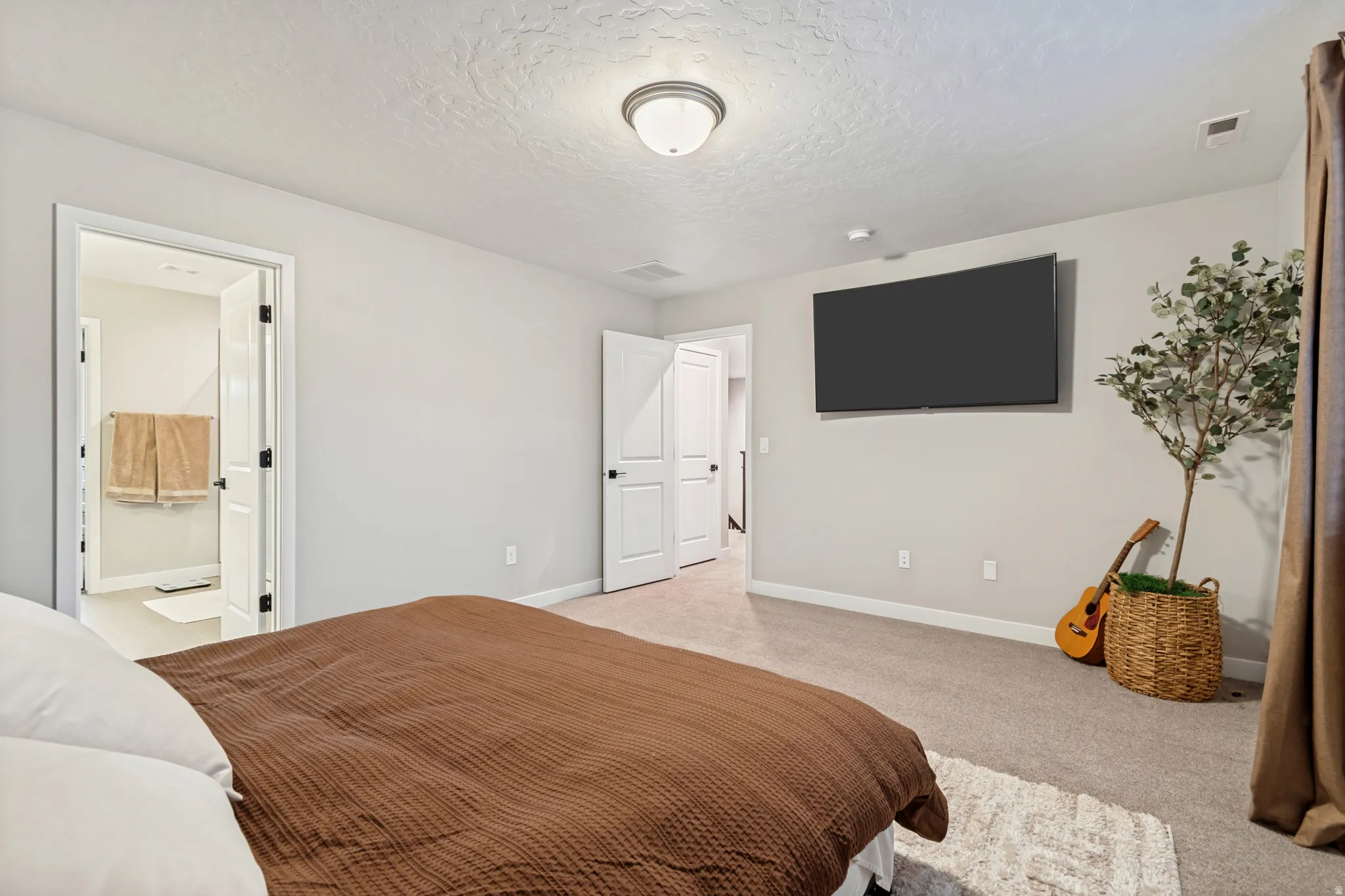 Carpeted bedroom featuring light gray walls, a ceiling-mounted flush light fixture, and a wall-mounted television