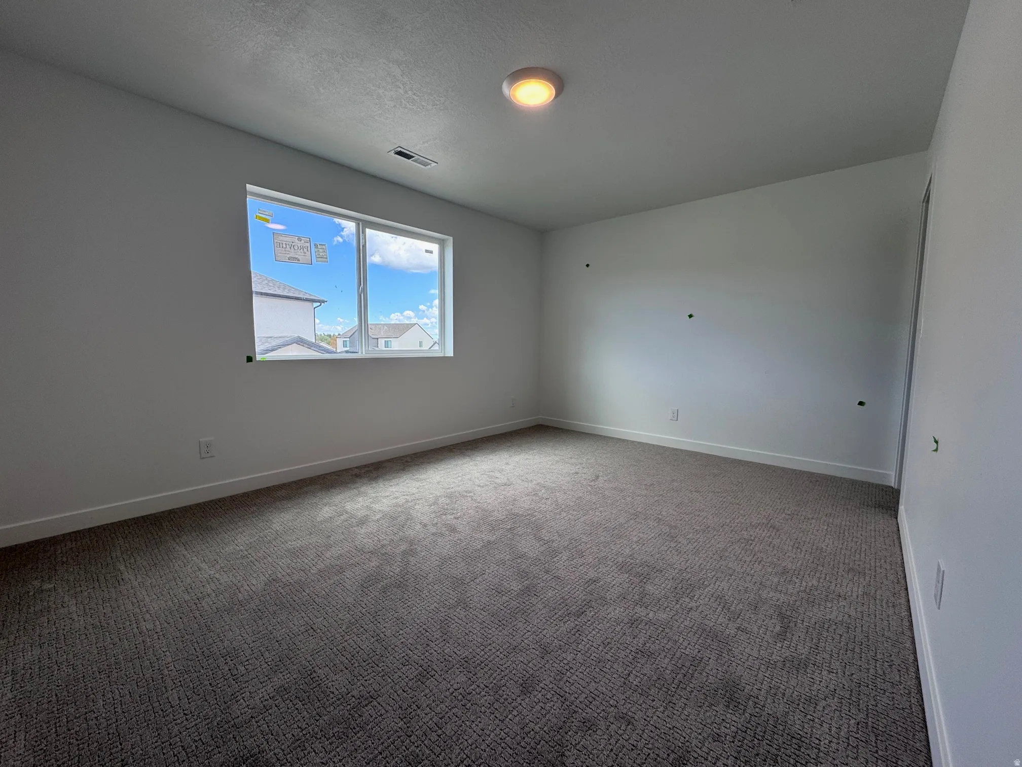 Spacious room featuring neutral carpeting, white walls, a large window, a ceiling-mounted light fixture, and white baseboards