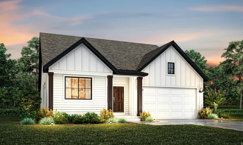 Modern farmhouse exterior featuring white board and batten siding, dark trim accents, a prominent front gable, a two-car garage, and a dark wood-finish entry door