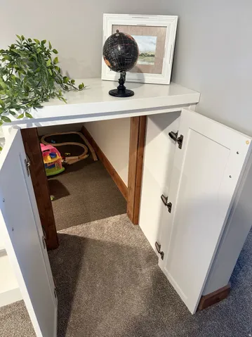Built-in nook with white paneled doors and dark hardware, featuring a carpeted interior