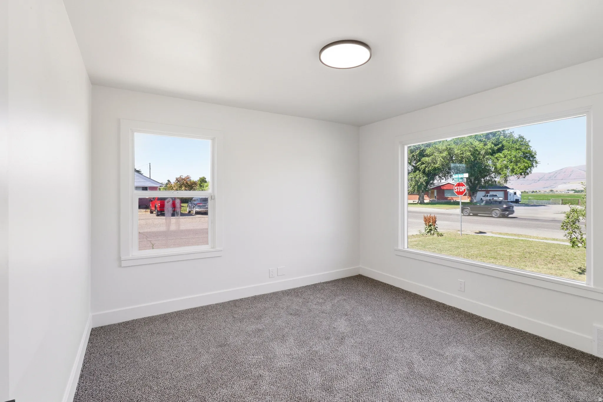 Interior room featuring two windows, neutral wall tones, gray carpet, white baseboards, and a flush-mount ceiling light