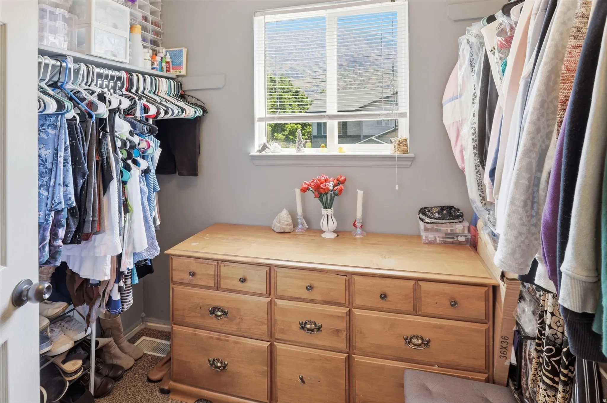 Walk-in closet featuring a built-in window, overhead shelving, clothes rods, and carpeting