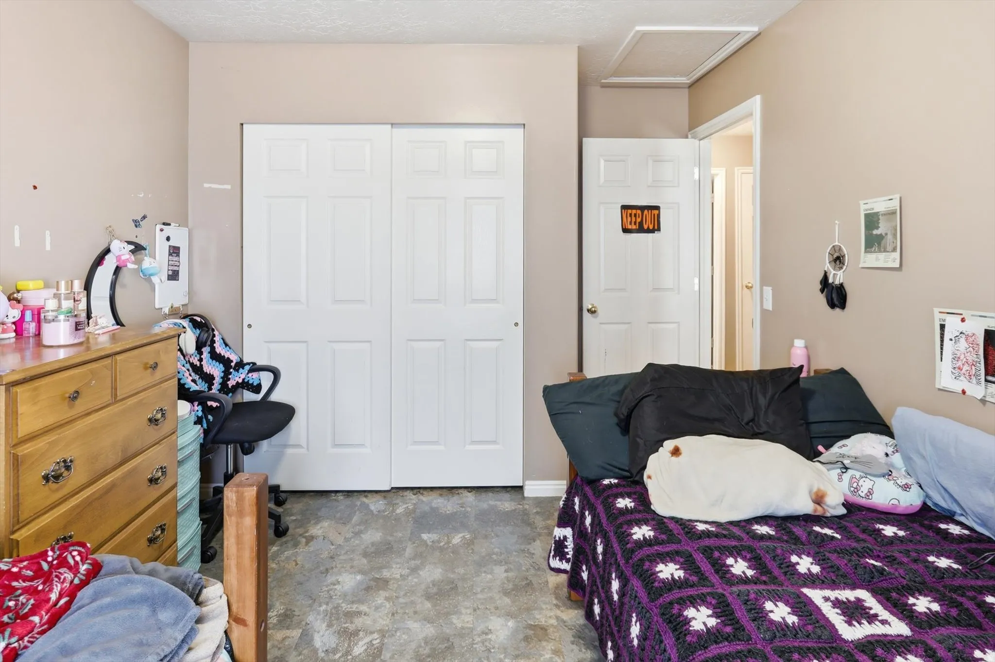 Neutral wall color with textured flooring, featuring a white paneled closet door and an additional white paneled door