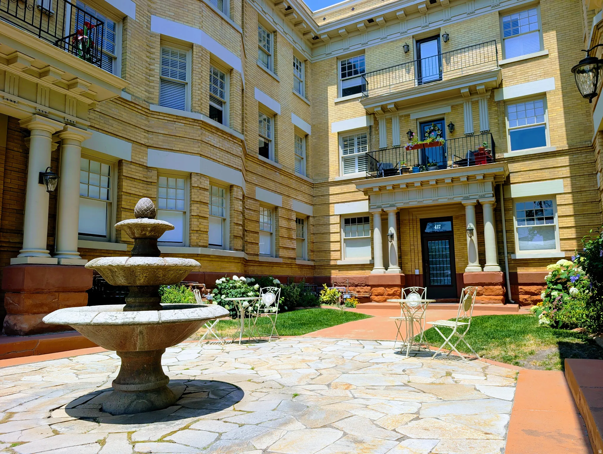 Central stone fountain with a multi-tiered design