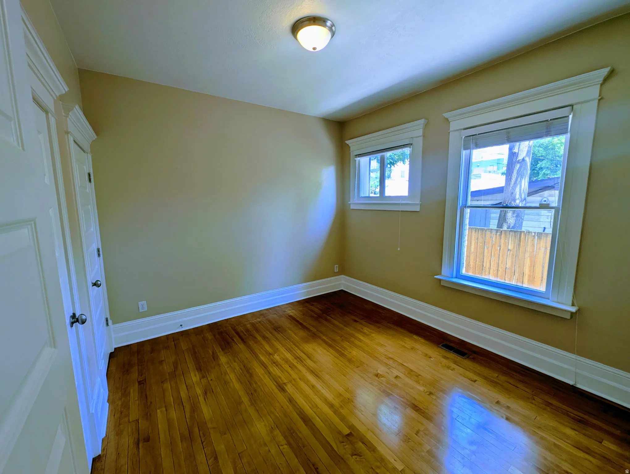 Room featuring wood-finish flooring, two windows with white trim, two white paneled doors, and a ceiling-mounted light fixture