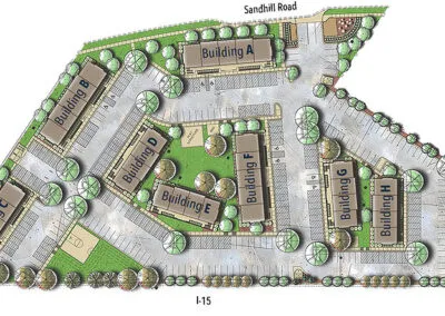 Site Plan. Illustrating the layout of multiple buildings, parking areas, and landscape features within the property