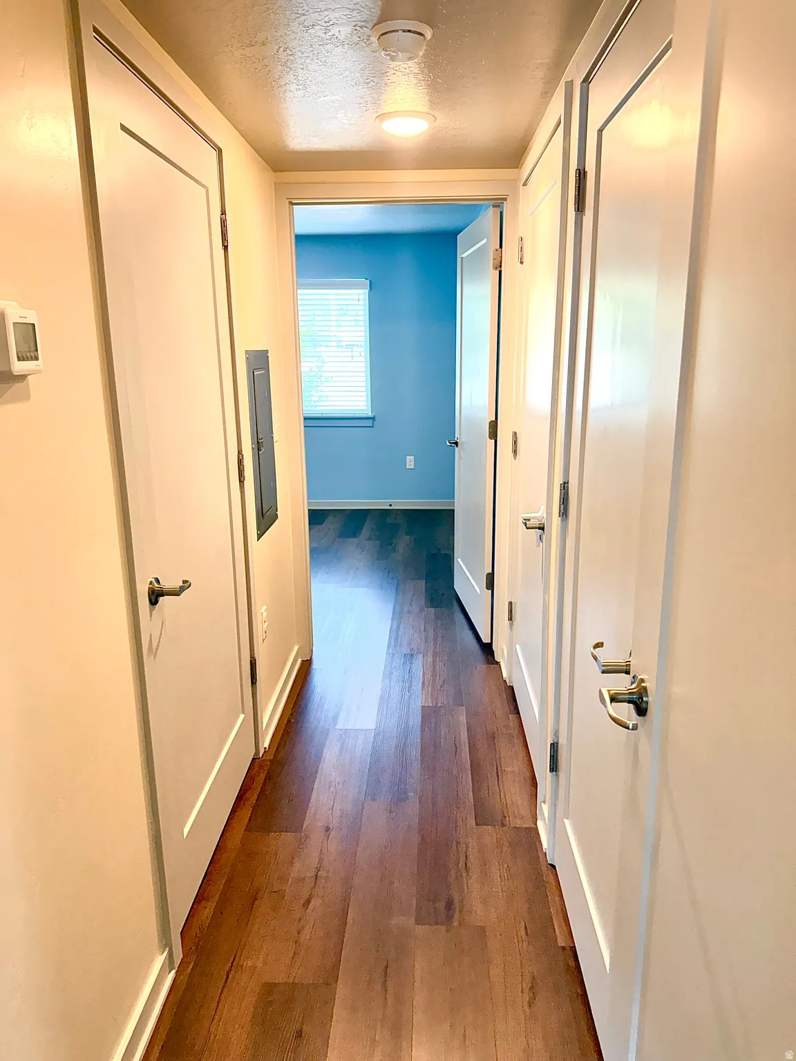 Interior hallway featuring wood-finish flooring, white doors with brushed nickel hardware, and a ceiling-mounted light fixture