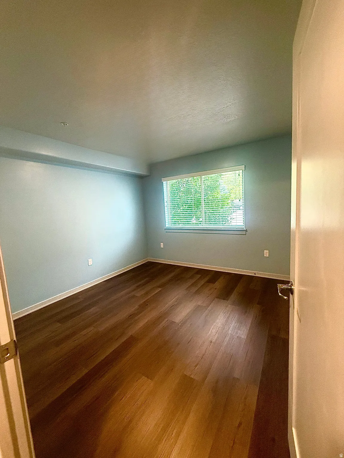 Room featuring wood-finish flooring, light blue walls, and a window with horizontal blinds