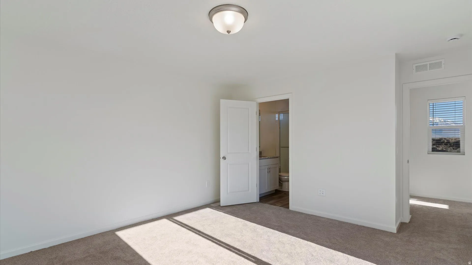 Spacious interior room with neutral carpeting and light-colored walls