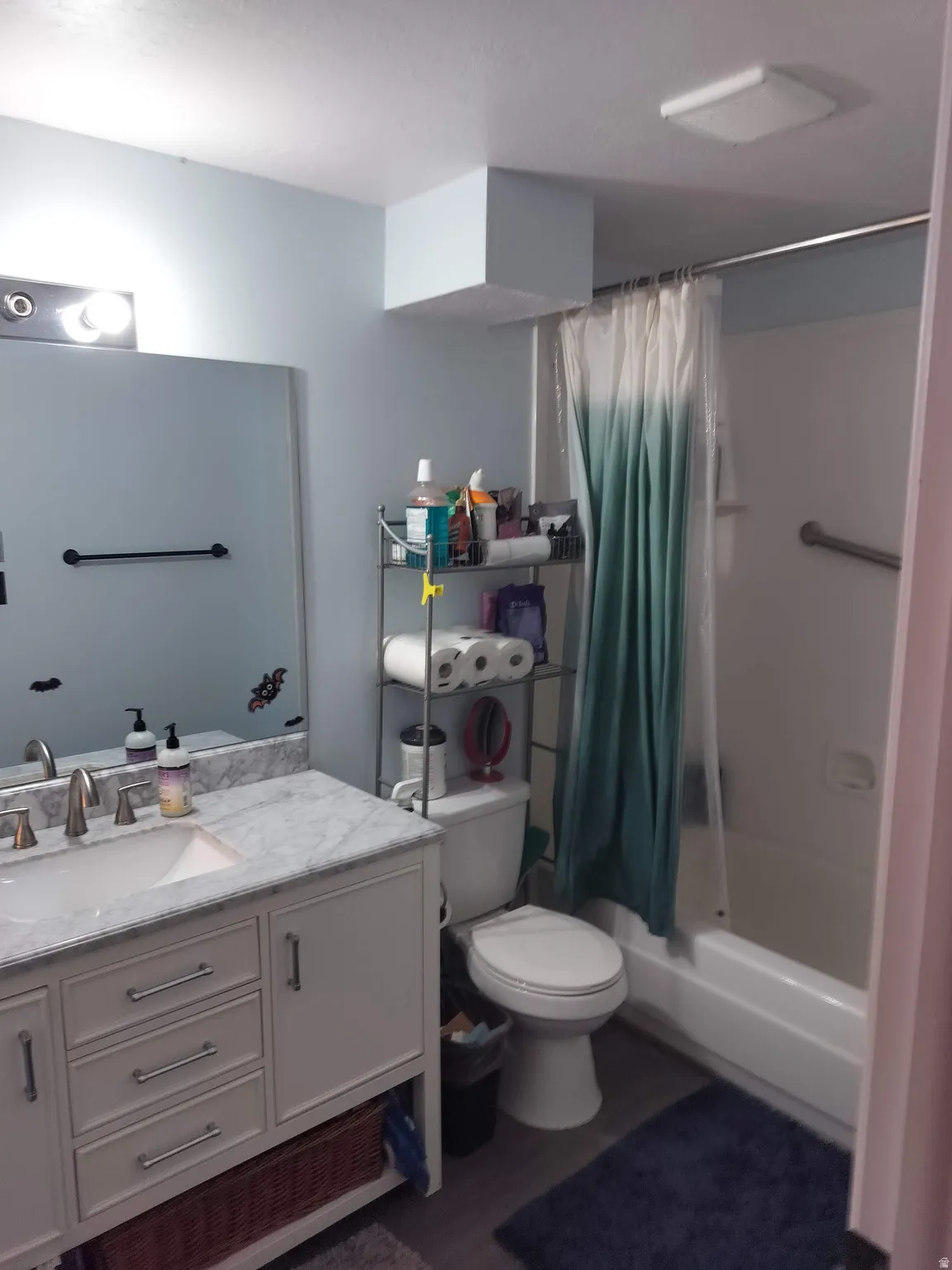Bathroom featuring a single vanity with a white base cabinet, a white sink, and a stone countertop