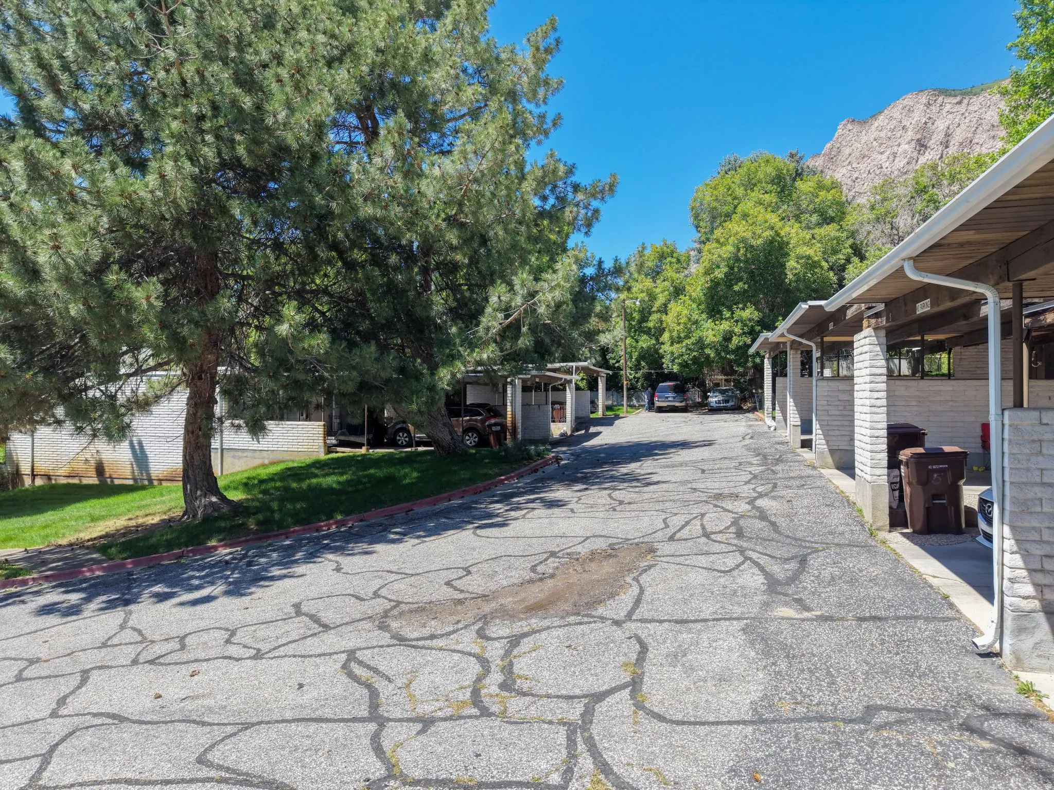 Dedicated parking area featuring several covered carport spaces