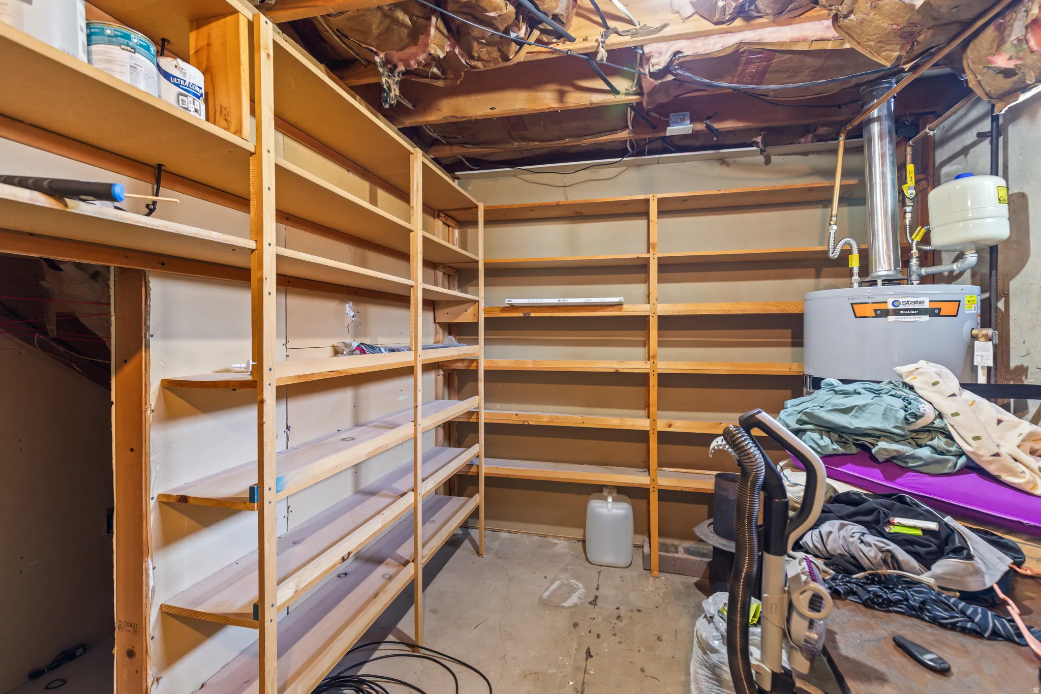 Extensive built-in wood shelving providing ample storage capacity