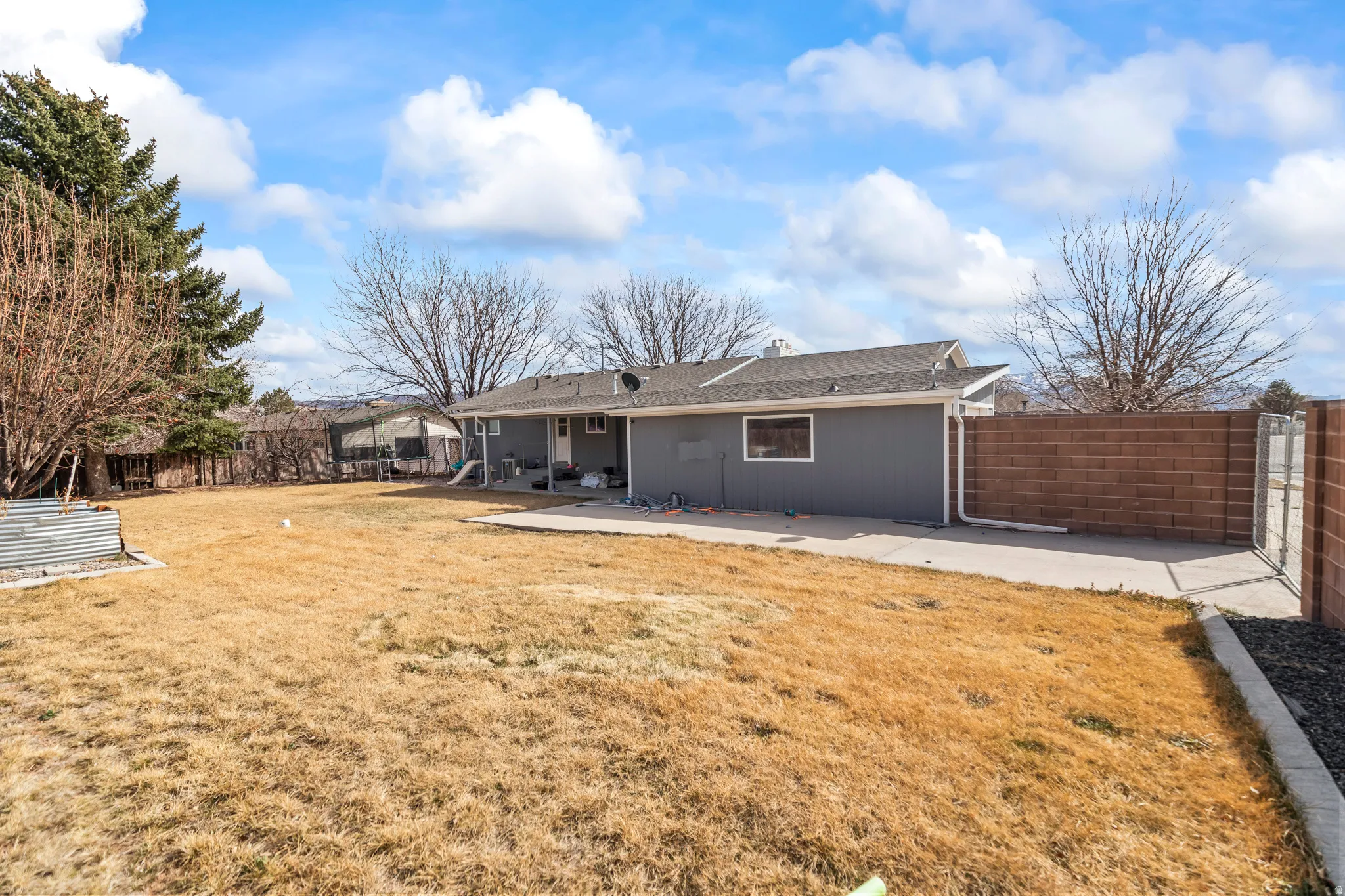 Expansive backyard featuring a concrete patio, mature evergreen trees, and a brick privacy wall with a gate