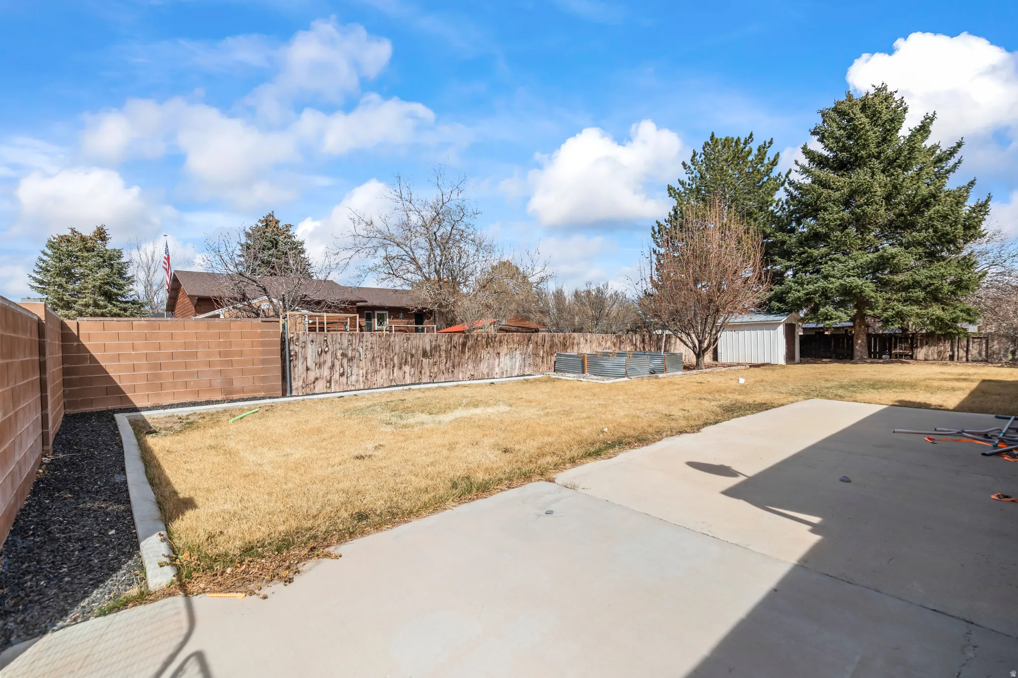 Expansive backyard featuring a concrete patio, a manicured lawn, and mature evergreen trees