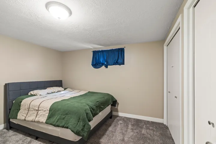 Bedroom featuring neutral wall tones, textured ceiling, flush-mount ceiling light, and gray carpeting