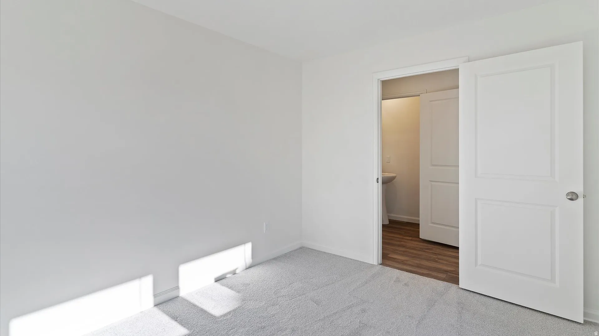 Room featuring light gray carpeting, white walls, and a white interior door