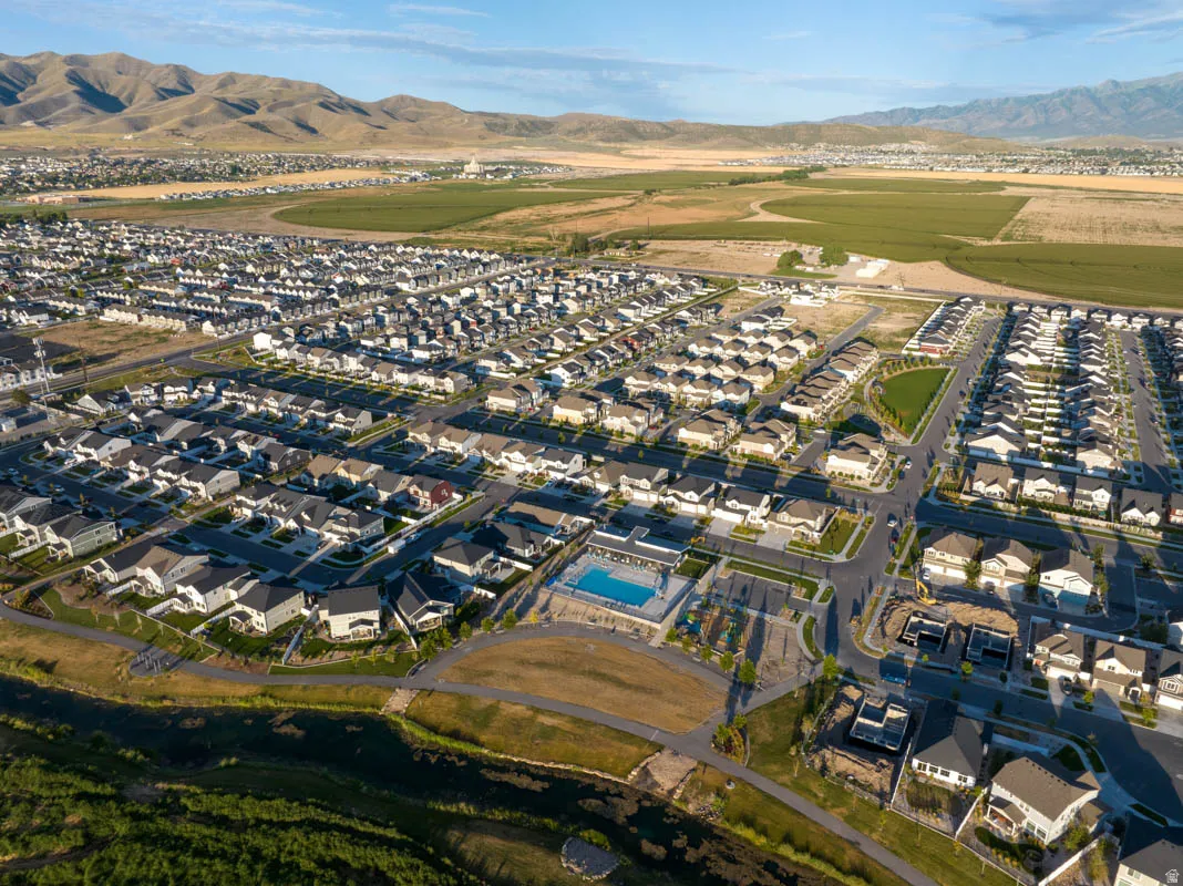 Expansive community with a central outdoor pool area and surrounding residential properties