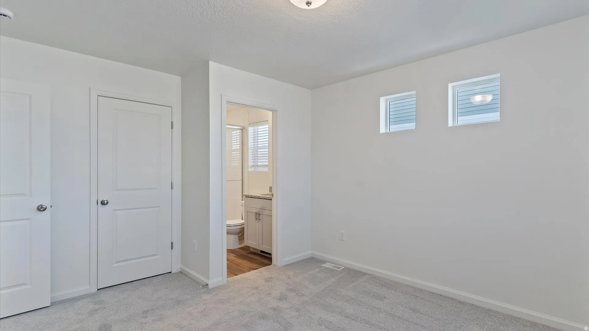 Neutral color palette throughout featuring light gray carpeting, white walls, and white trim