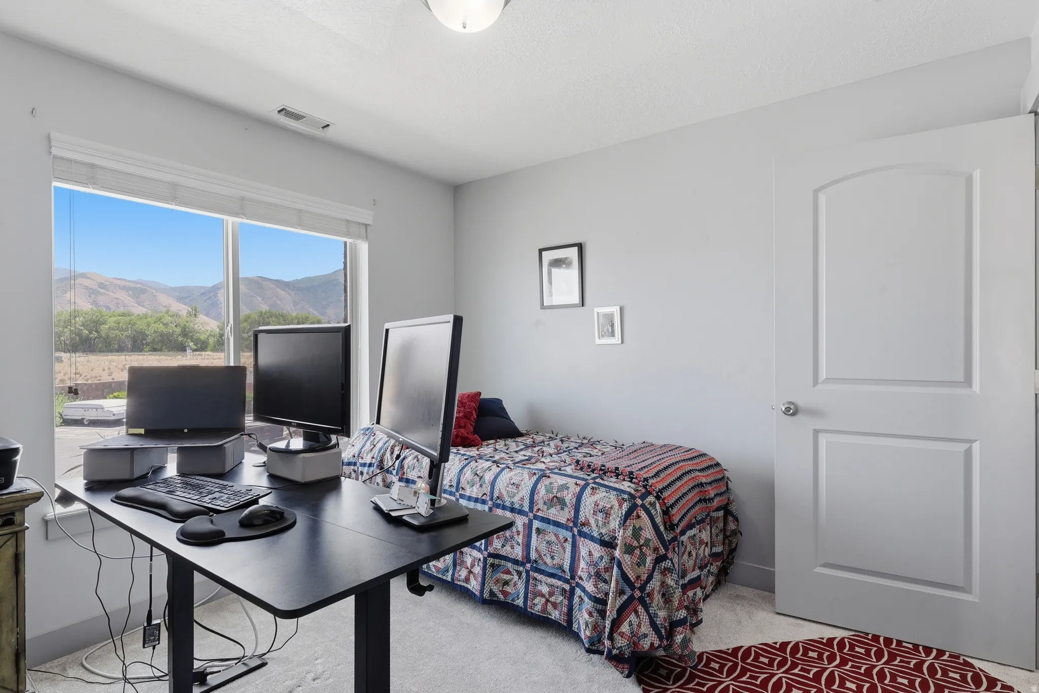 Room with light gray walls and plush carpet