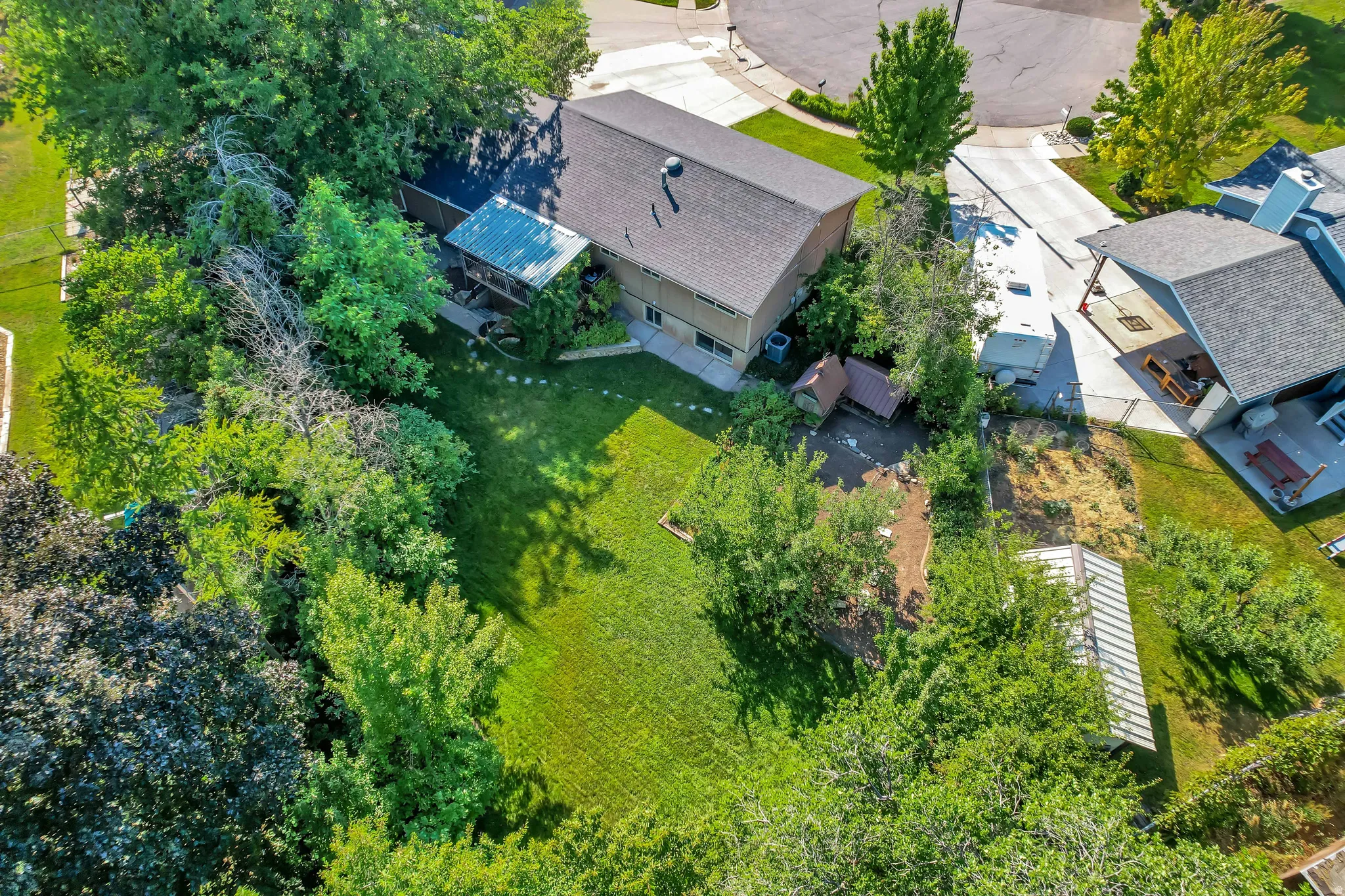 Expansive backyard featuring a manicured lawn, mature trees, and a covered patio area