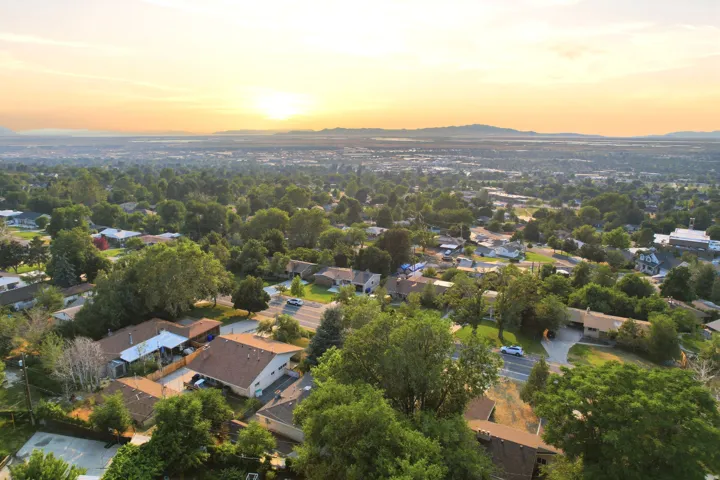 Expansive neighborhood landscape featuring numerous mature trees and a distant mountain range