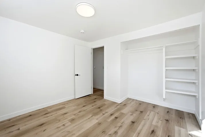 Wood-finish flooring, white walls, flush-mount ceiling light, white interior door with black hardware, built-in closet shelving
