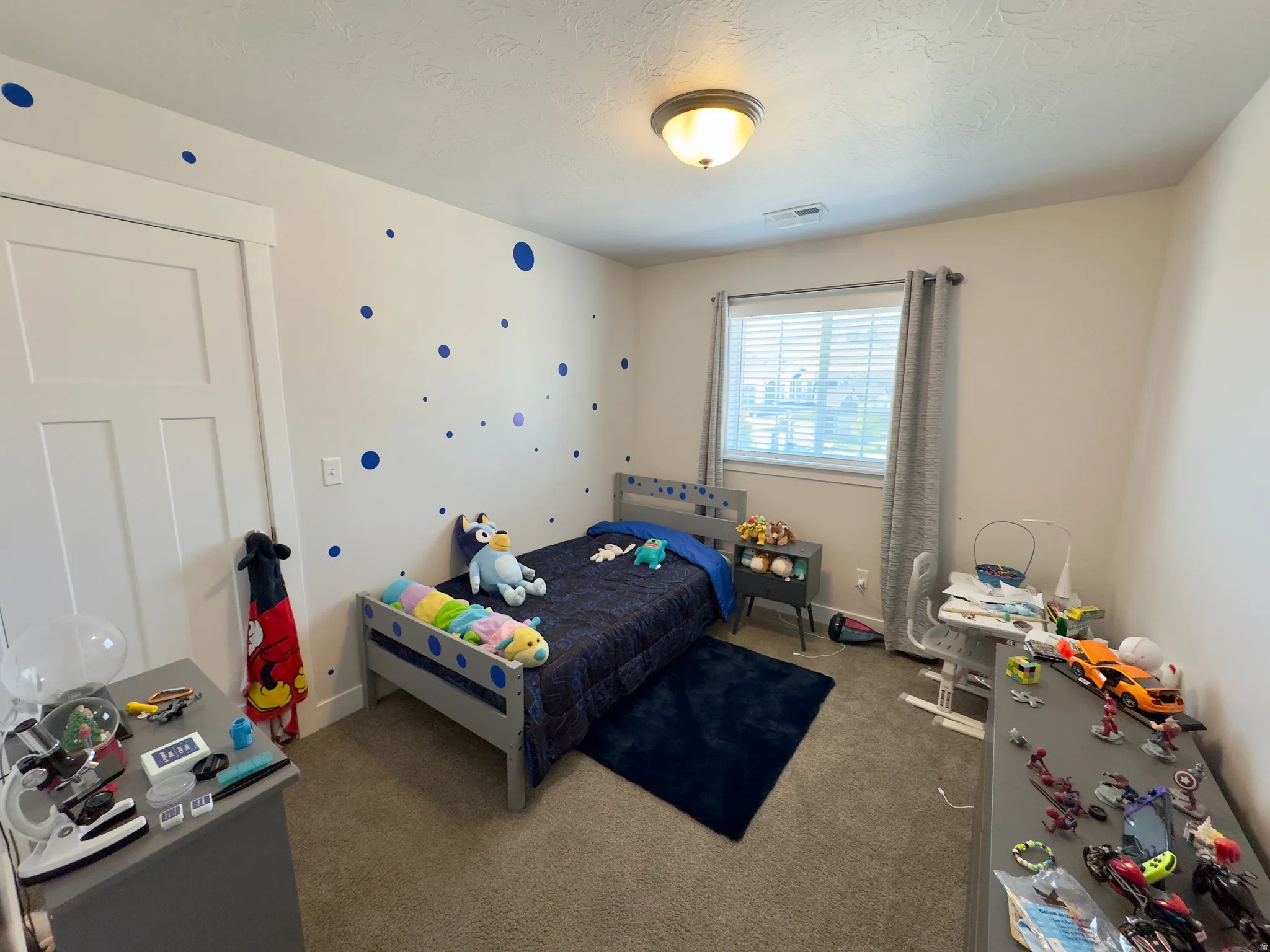Carpeted room featuring a white door with panel detailing and a ceiling-mounted light fixture