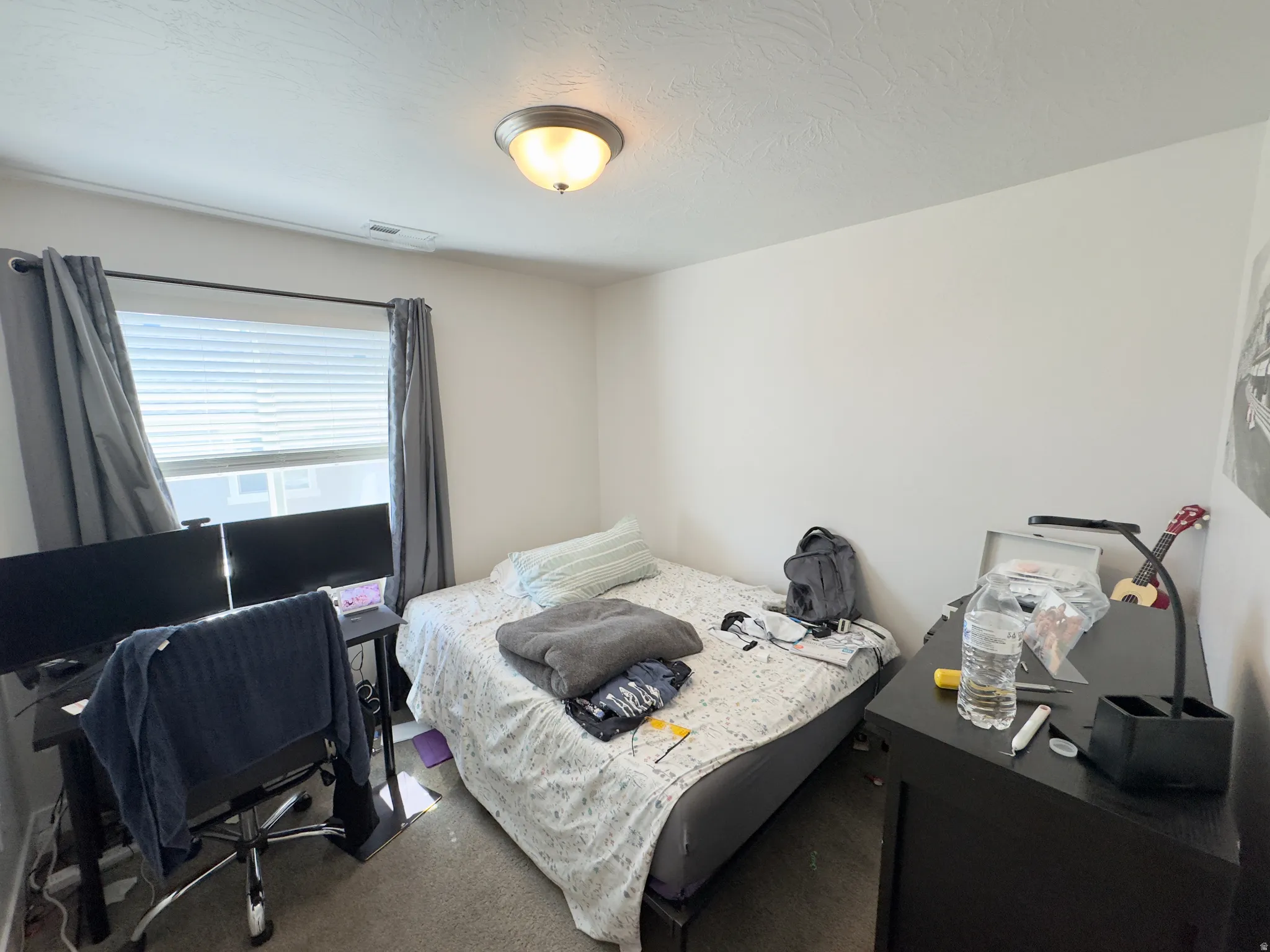 Carpeted room with a ceiling-mounted light fixture