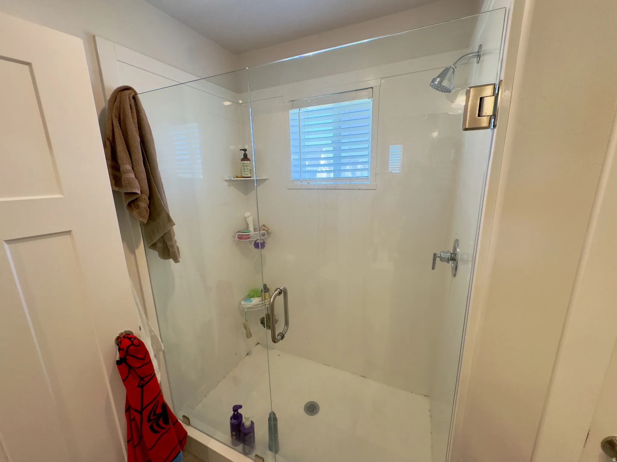 Glass-enclosed shower featuring a window with horizontal blinds, built-in shelving, chrome fixtures, and a clear glass door with a polished handle
