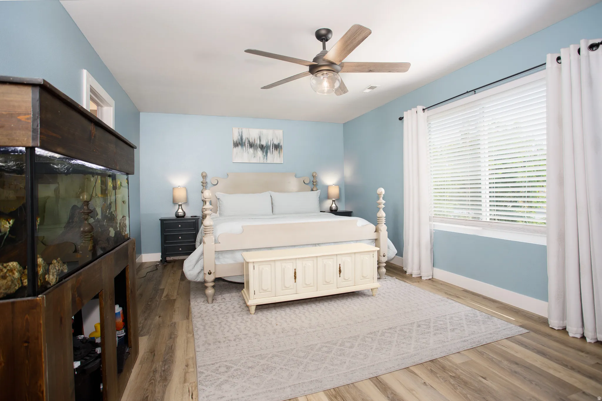 Light blue walls complement wood-finish flooring in this room featuring a ceiling fan, a large window with white blinds and curtains, and built-in aquarium cabinetry