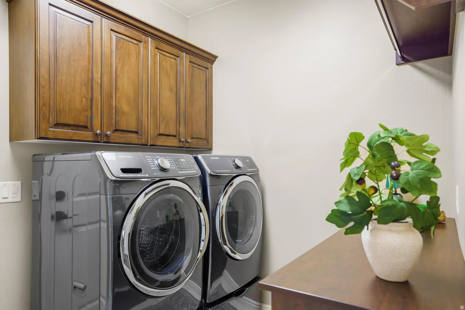 Integrated laundry area featuring wood-finish cabinetry and a built-in countertop