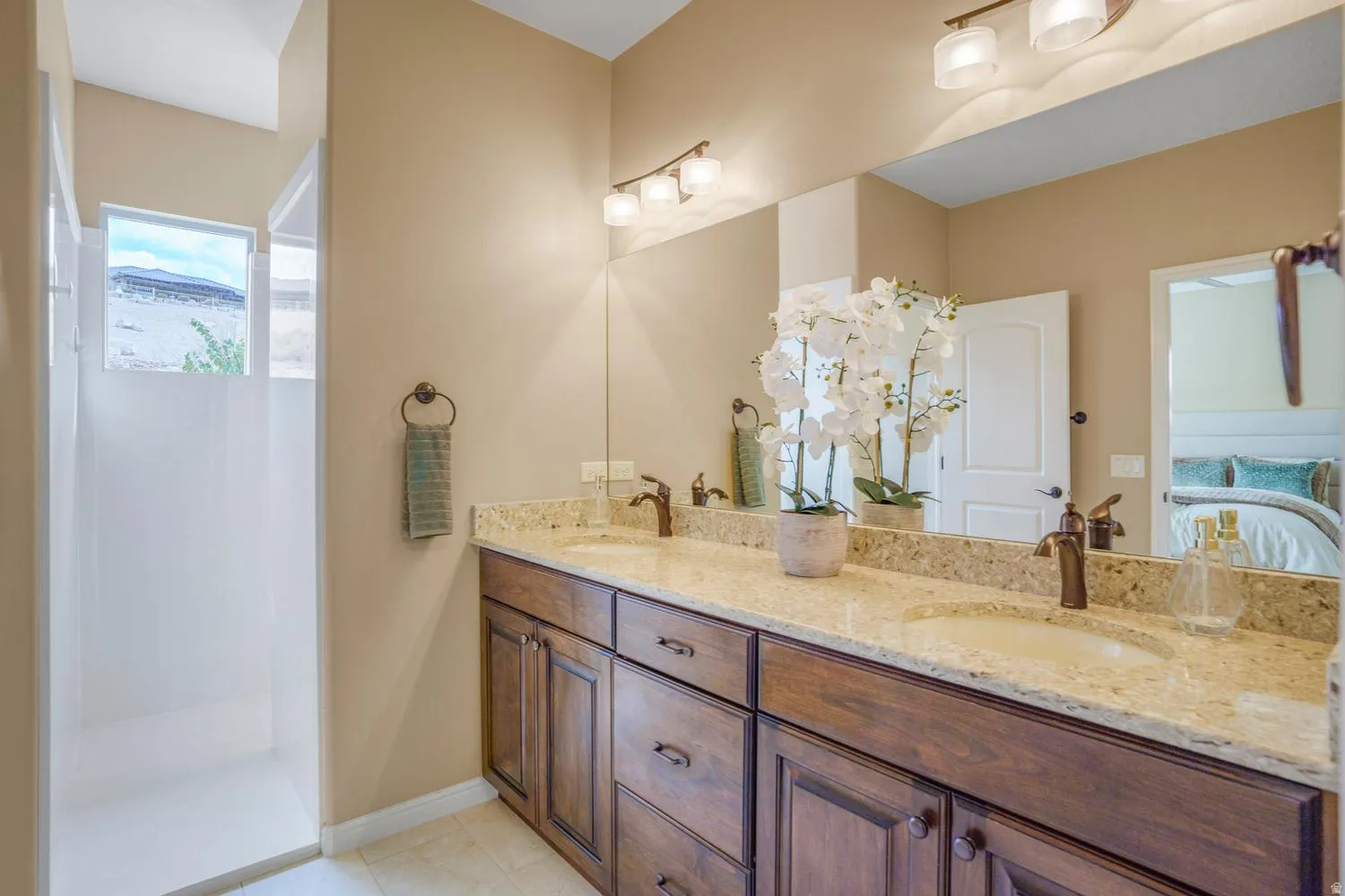 Dual sink vanity with stone-finish countertop