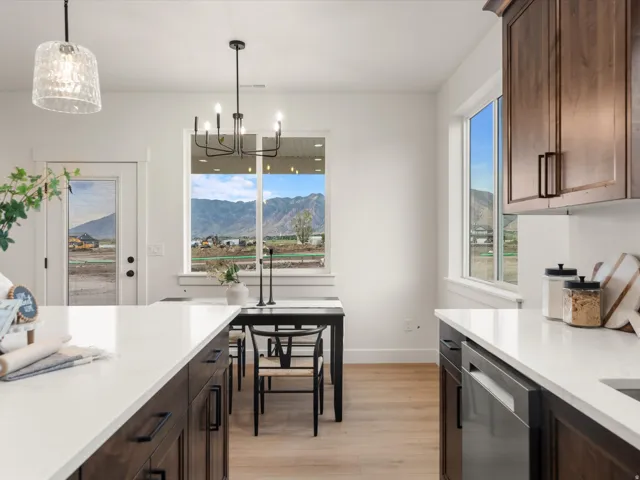 Contemporary kitchen featuring wood-finish flooring, dark wood cabinetry, and white countertops
