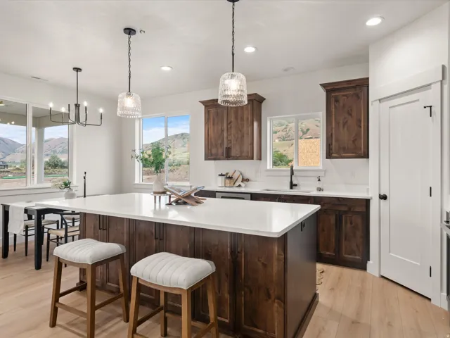 Kitchen featuring dark wood cabinetry, white countertops, a central island with pendant lighting, and light wood-finish flooring