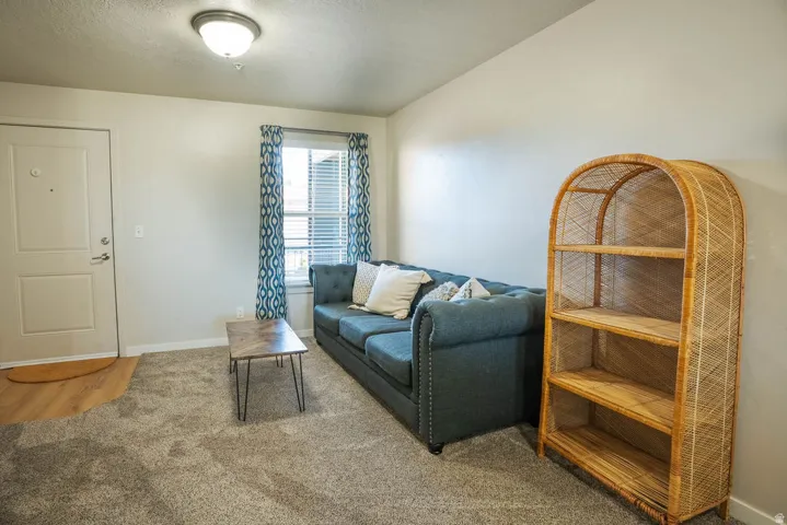 Inviting living area featuring light-colored walls and grey carpeting