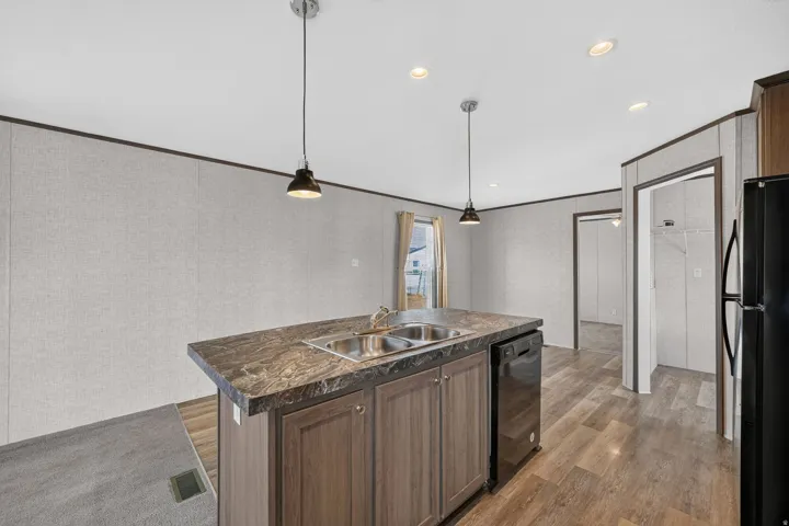 Kitchen island with a double basin sink and integrated dishwasher