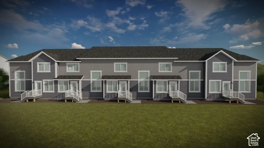 Contemporary multi-unit residence with a dark gray shingle roof and a light gray and dark gray siding facade