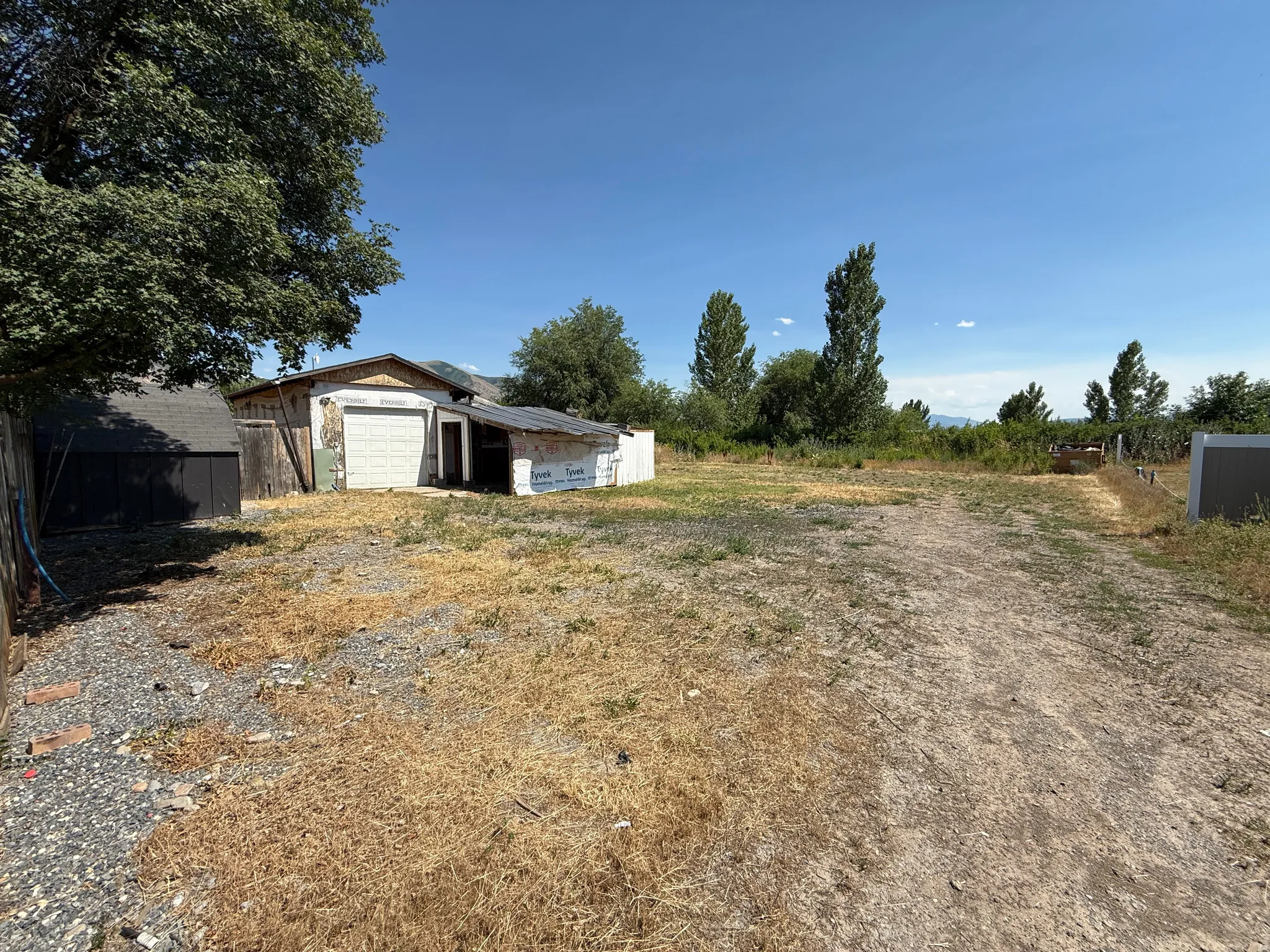 Expansive lot featuring a detached garage structure with roll-up door, an additional shed, mature trees, and a gravel and dirt surface