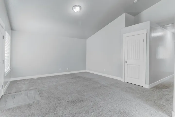 Spacious room with plush gray carpeting, white baseboards, and a contemporary flush-mount ceiling light