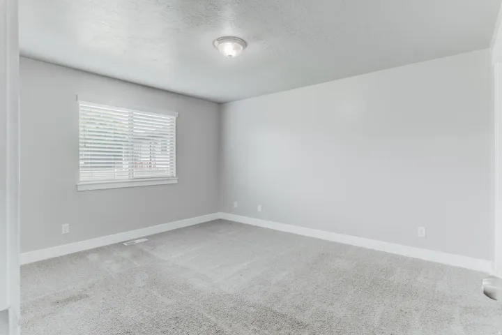 Carpeted room with a single window featuring horizontal blinds